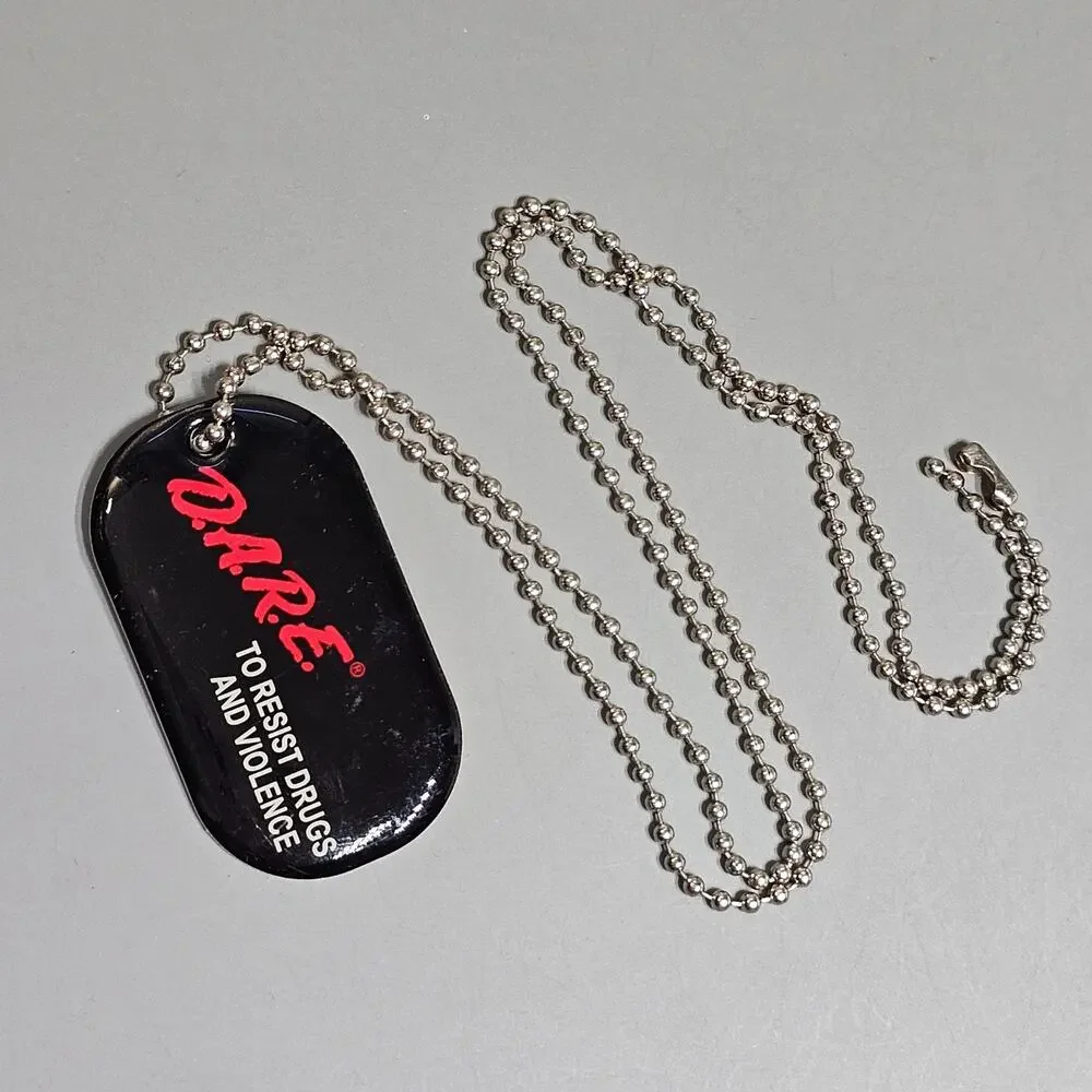 D.A.R.E. To Resist Drugs and Violence Dog Tag Necklace Silvertone Bead Chain Vtg